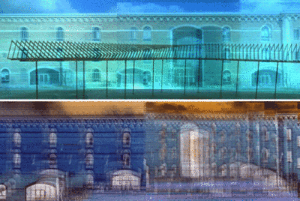 Spatialisation sonore de la façade, photomontage réalisé à partir de l’écoute de séquences musicales spatialisées © Anne Philippe