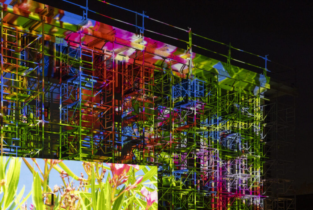 ELEVATION. Projection de fragments de jardins voisins, sur les échafaudages (novembre 2025) © Olivier Crouzel